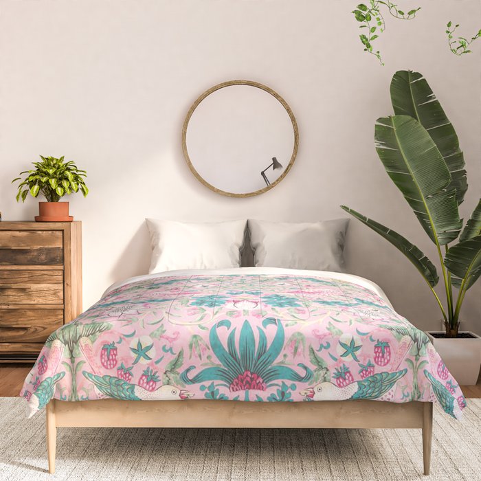 William Morris Strawberry Thief Candy Pink Teal Comforter Gallery Image 3