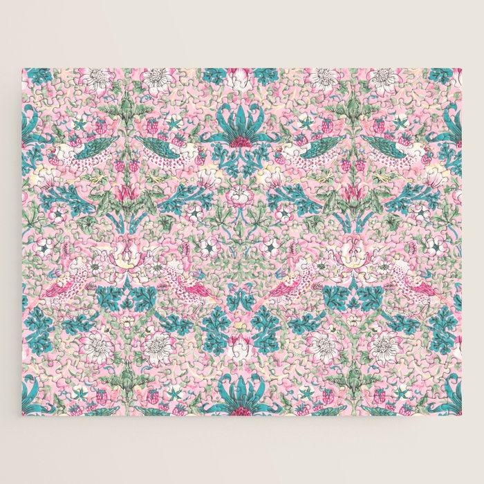 William Morris Strawberry Thief Candy Pink Teal Jigsaw Puzzle Gallery Image 1