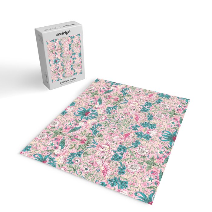 William Morris Strawberry Thief Candy Pink Teal Jigsaw Puzzle Gallery Image 2