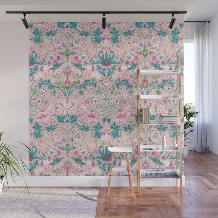 William Morris Strawberry Thief Candy Pink Teal Wall Mural Gallery Image 1