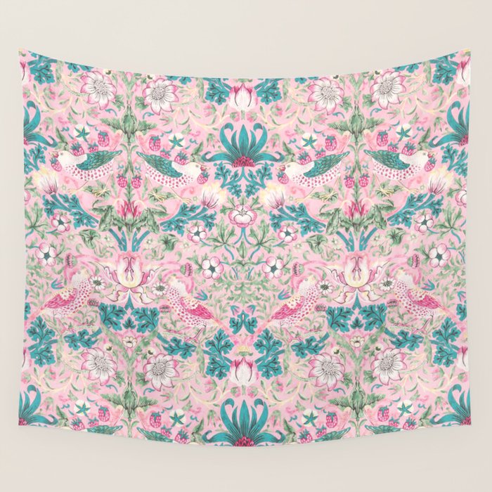 William Morris Strawberry Thief Candy Pink Teal Wall Tapestry Gallery Image 4