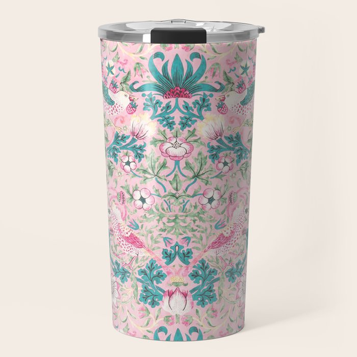 William Morris Strawberry Thief Candy Pink Teal Travel Mug Gallery Image 1