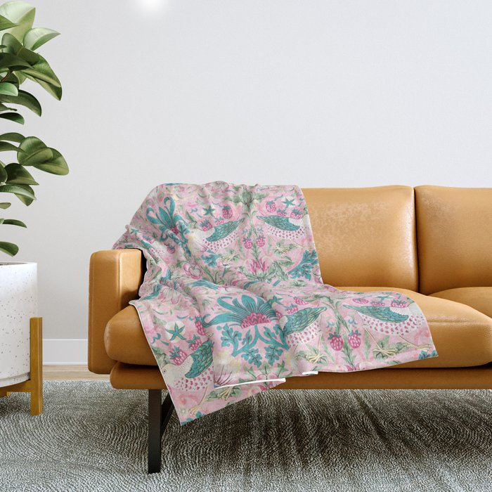 William Morris Strawberry Thief Candy Pink Teal Throw Blanket Gallery Image 1