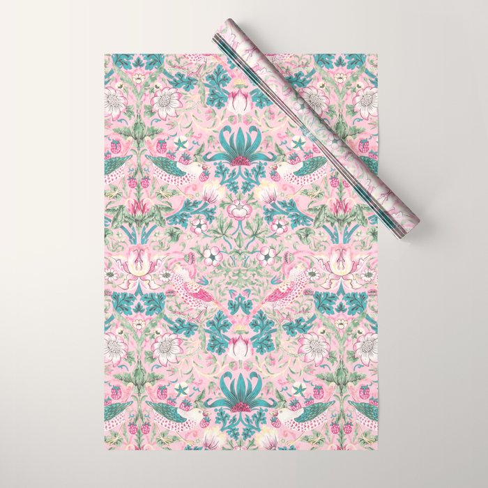 William Morris Strawberry Thief Candy Pink Teal Wrapping Paper Gallery Image 1