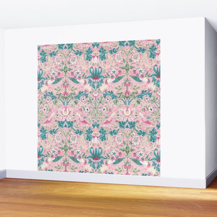 William Morris Strawberry Thief Candy Pink Teal Wall Mural Gallery Image 2