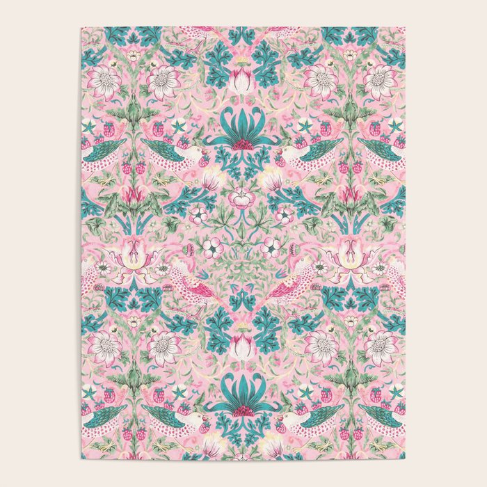 William Morris Strawberry Thief Candy Pink Teal Poster Gallery Image 1