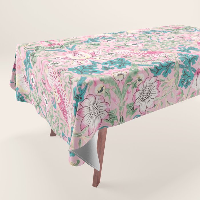 William Morris Strawberry Thief Candy Pink Teal Tablecloth Gallery Image 1