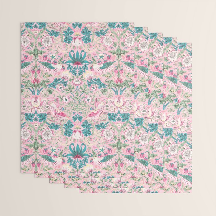 William Morris Strawberry Thief Candy Pink Teal Wrapping Paper Gallery Image 3