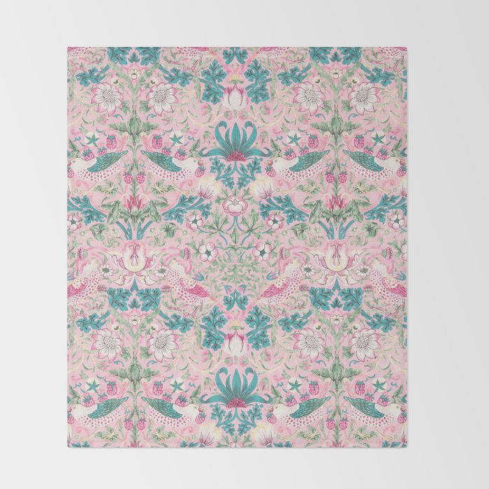 William Morris Strawberry Thief Candy Pink Teal Throw Blanket Gallery Image 2