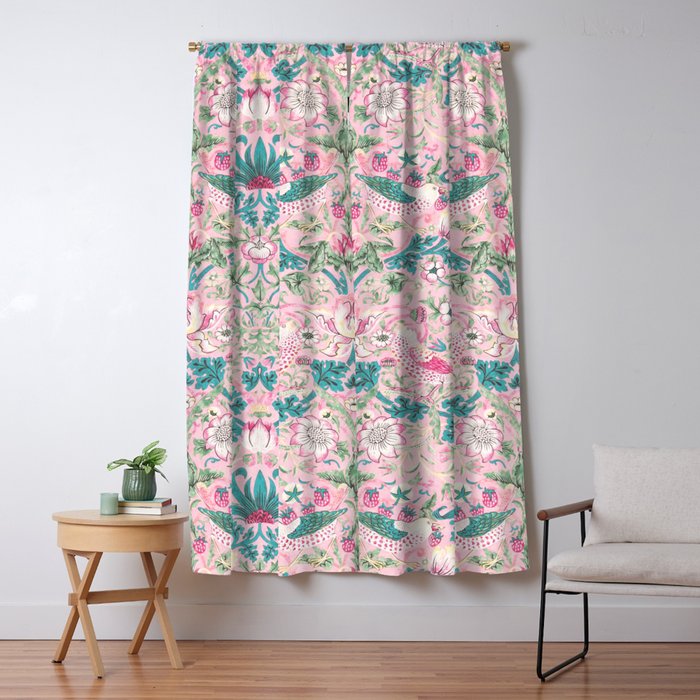 William Morris Strawberry Thief Candy Pink Teal Window Curtain Gallery Image 1