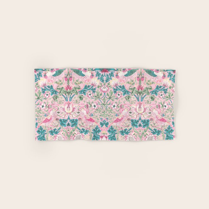 William Morris Strawberry Thief Candy Pink Teal Bath Towel Gallery Image 1