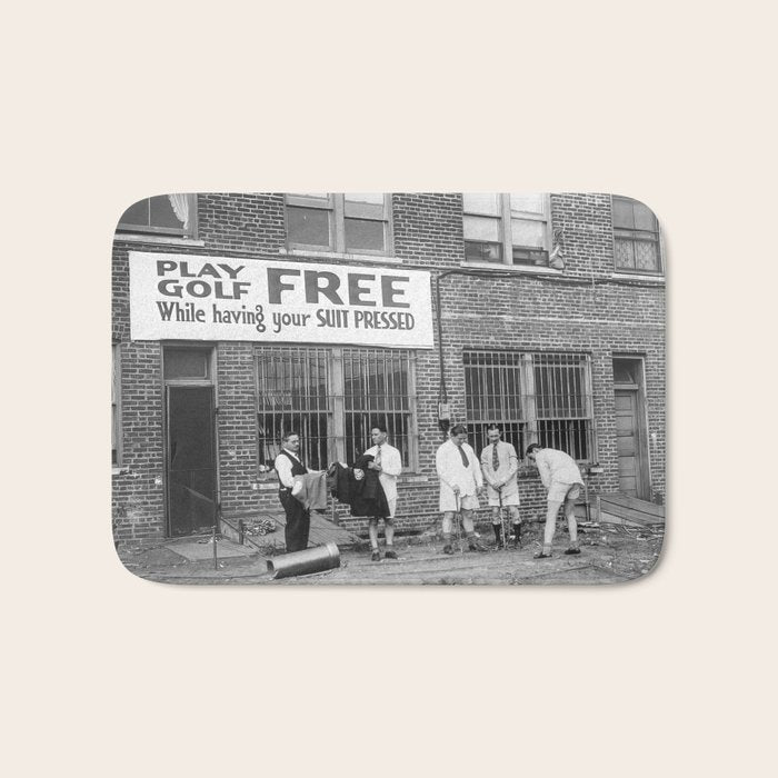 Men Playing Golf, Vintage Black and White Art Bath Mat Gallery Image 1