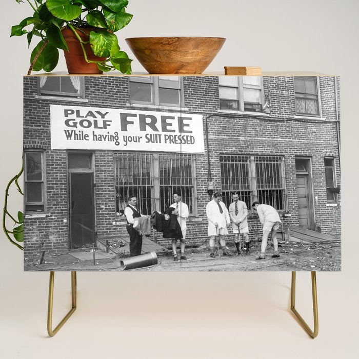 Men Playing Golf, Vintage Black and White Art Credenza Gallery Image 1