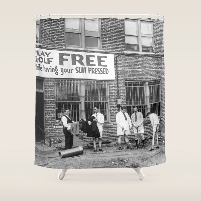 Men Playing Golf, Vintage Black and White Art Shower Curtain Gallery Image 1