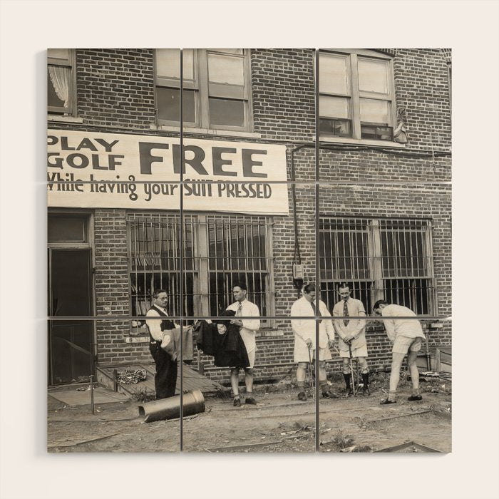Men Playing Golf, Vintage Black and White Art Wood Wall Art Gallery Image 1