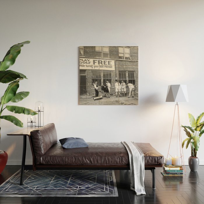 Men Playing Golf, Vintage Black and White Art Wood Wall Art Gallery Image 2