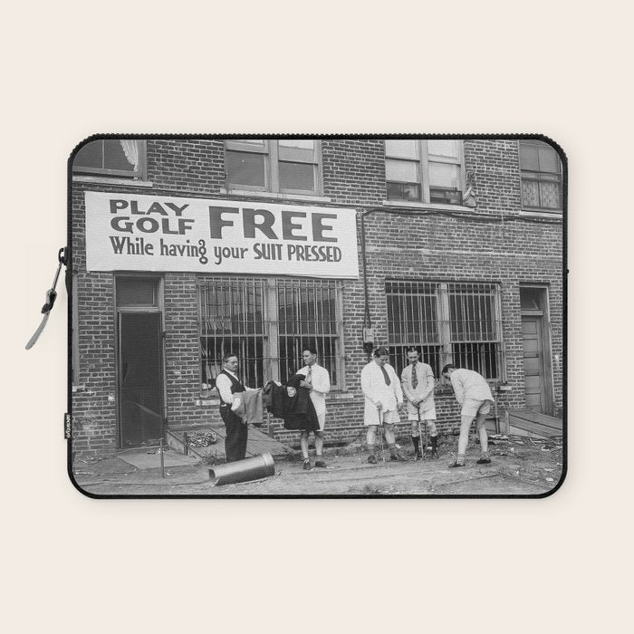 Men Playing Golf, Vintage Black and White Art Laptop Sleeve Gallery Image 1