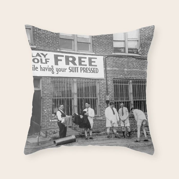Men Playing Golf, Vintage Black and White Art Throw Pillow Gallery Image 6