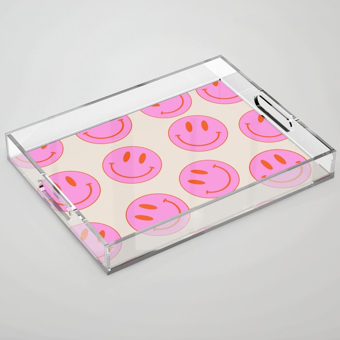 Keep Smiling! - Large Pink and Beige Smiley Face Pattern Acrylic Tray Gallery Image 1