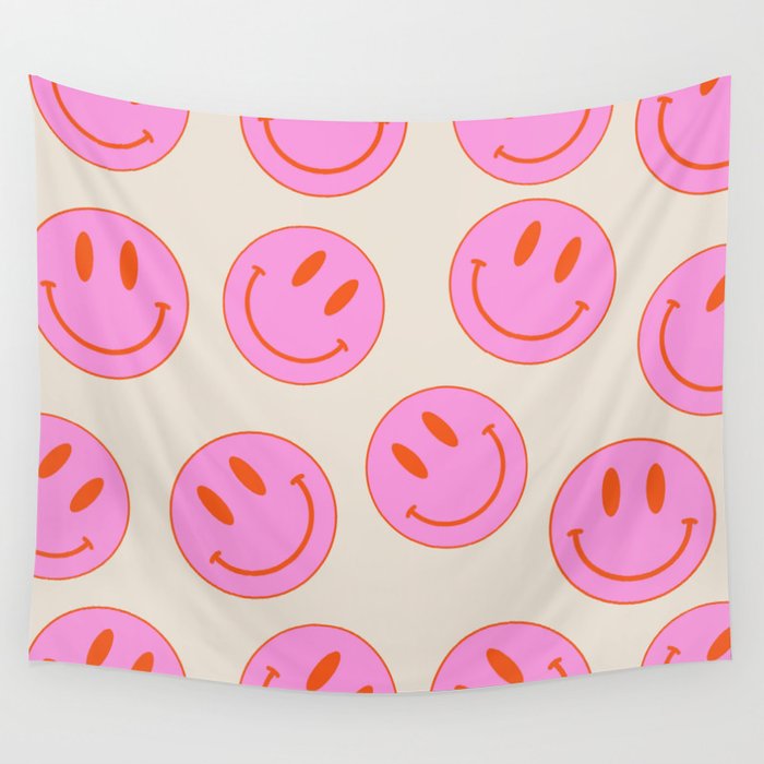 Keep Smiling! - Large Pink and Beige Smiley Face Pattern Wall Tapestry Gallery Image 4