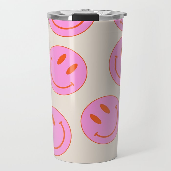 Keep Smiling! - Large Pink and Beige Smiley Face Pattern Travel Mug Gallery Image 1