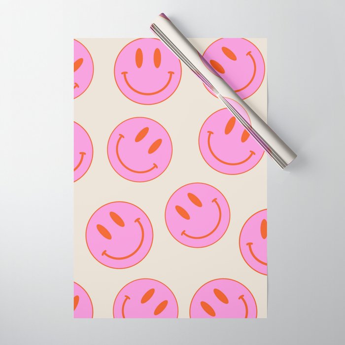 Keep Smiling! - Large Pink and Beige Smiley Face Pattern Wrapping Paper Gallery Image 1