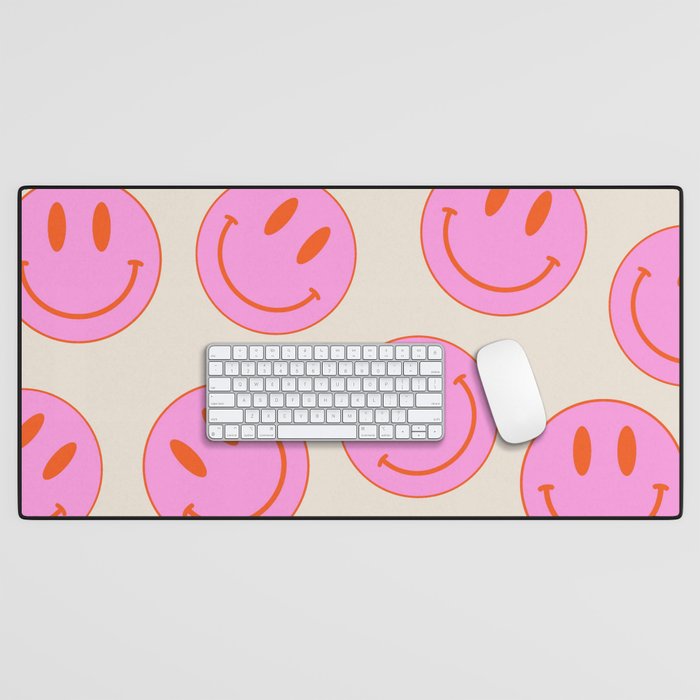 Keep Smiling! - Large Pink and Beige Smiley Face Pattern Desk Mat Gallery Image 1