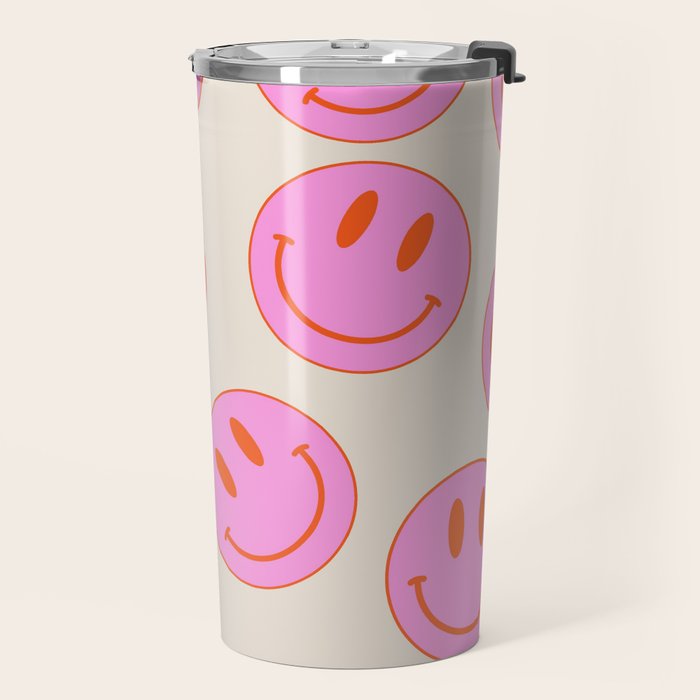 Keep Smiling! - Large Pink and Beige Smiley Face Pattern Travel Mug Gallery Image 2