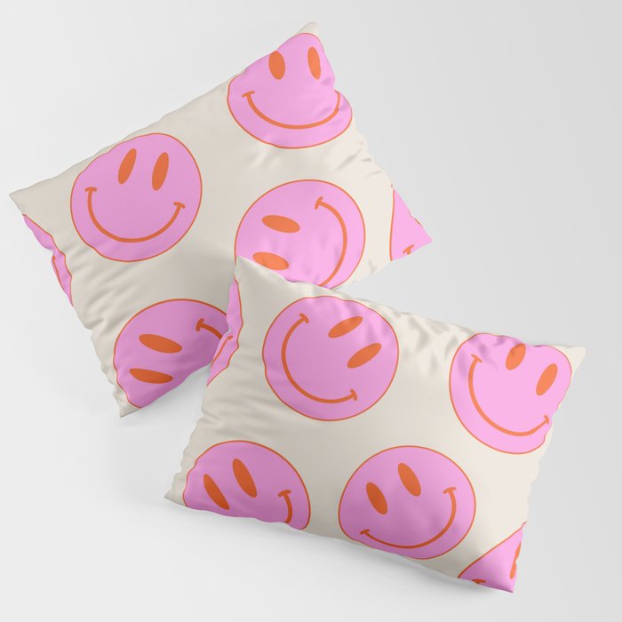 Keep Smiling! - Large Pink and Beige Smiley Face Pattern Pillow Sham Gallery Image 3