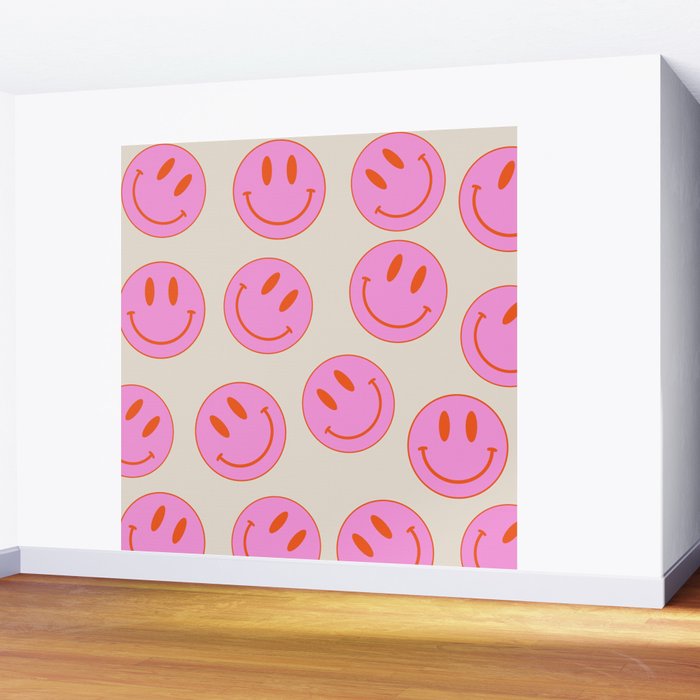 Keep Smiling! - Large Pink and Beige Smiley Face Pattern Wall Mural Gallery Image 2
