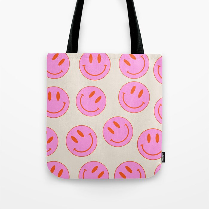 Keep Smiling! - Large Pink and Beige Smiley Face Pattern Tote Bag Gallery Image 1