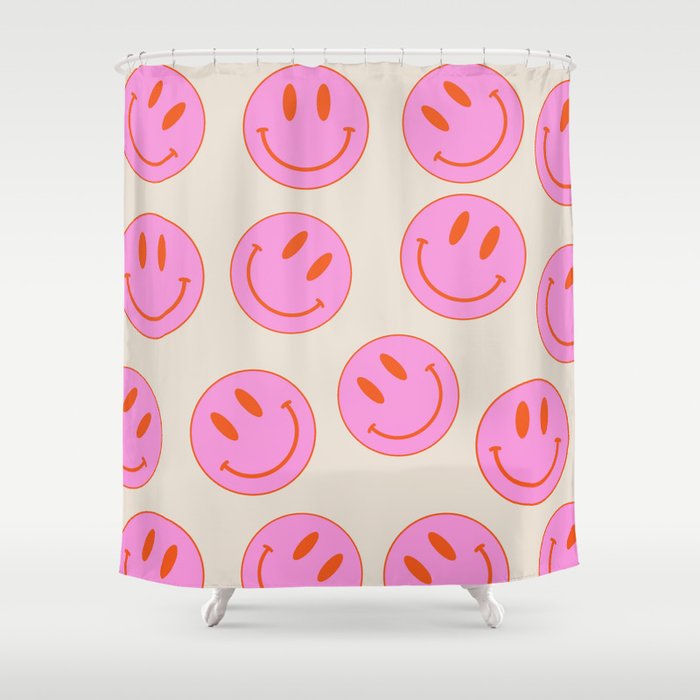 Keep Smiling! - Large Pink and Beige Smiley Face Pattern Shower Curtain Gallery Image 1