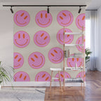Keep Smiling! - Large Pink and Beige Smiley Face Pattern Wall Mural Gallery Image 1