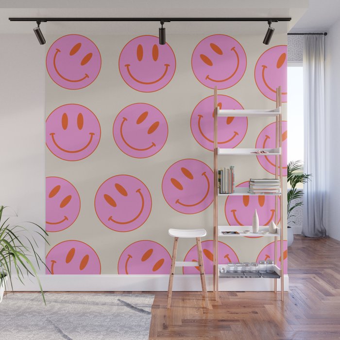 Keep Smiling! - Large Pink and Beige Smiley Face Pattern Wall Mural Gallery Image 1