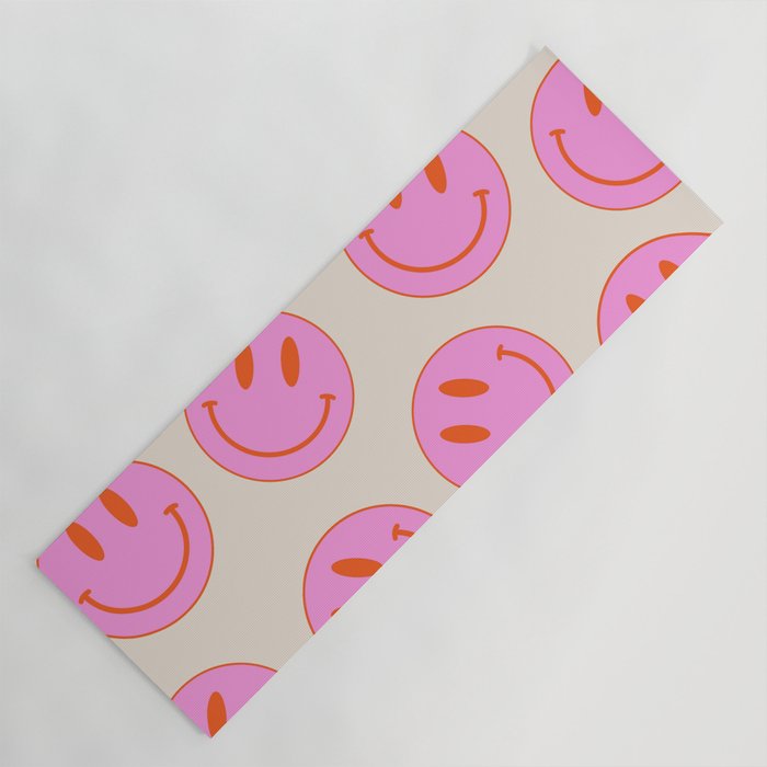 Keep Smiling! - Large Pink and Beige Smiley Face Pattern Yoga Mat Gallery Image 1