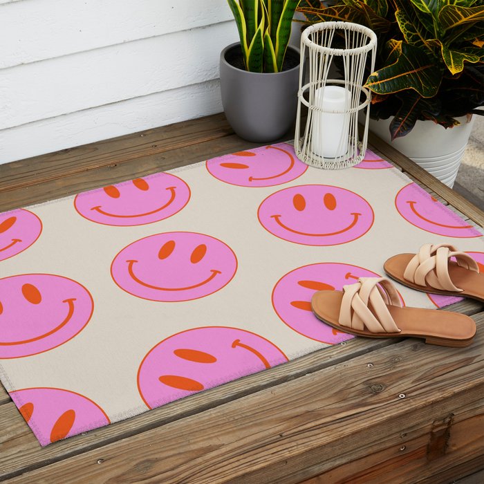Keep Smiling! - Large Pink and Beige Smiley Face Pattern Outdoor Rug Gallery Image 2