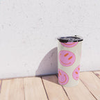 Keep Smiling! - Large Pink and Beige Smiley Face Pattern Travel Mug Gallery Image 4