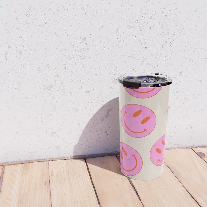 Keep Smiling! - Large Pink and Beige Smiley Face Pattern Travel Mug Gallery Image 4