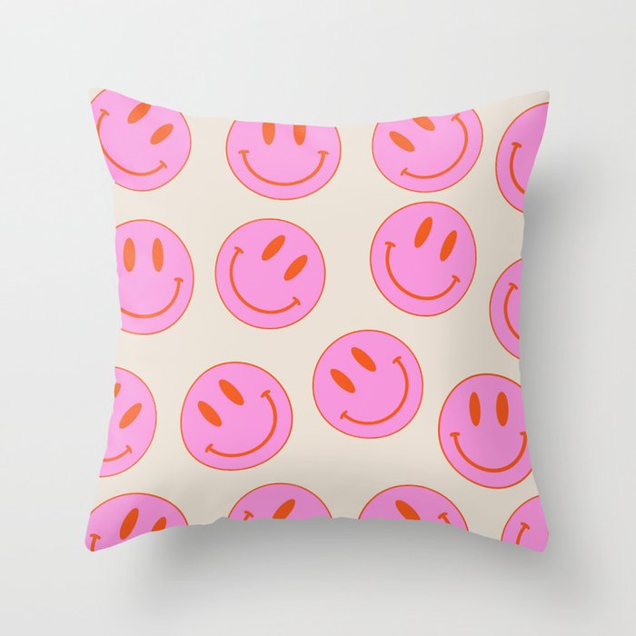 Keep Smiling! - Large Pink and Beige Smiley Face Pattern Throw Pillow Gallery Image 6