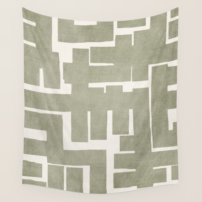 Neutral Olive Green Abstract Artwork  Wall Tapestry Gallery Image 4