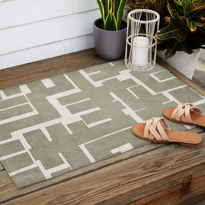 Neutral Olive Green Abstract Artwork  Outdoor Rug Gallery Image 2