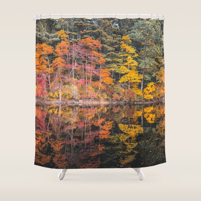 Autumn Reflections, Woodland Lake in Fall Forest Shower Curtain Gallery Image 1