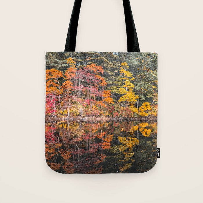 Autumn Reflections, Woodland Lake in Fall Forest Tote Bag Gallery Image 1