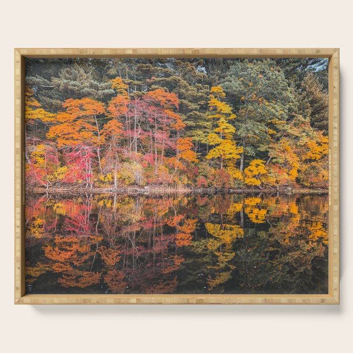 Autumn Reflections, Woodland Lake in Fall Forest Serving Tray Gallery Image 1