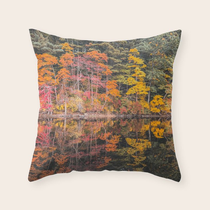 Autumn Reflections, Woodland Lake in Fall Forest Throw Pillow Gallery Image 6