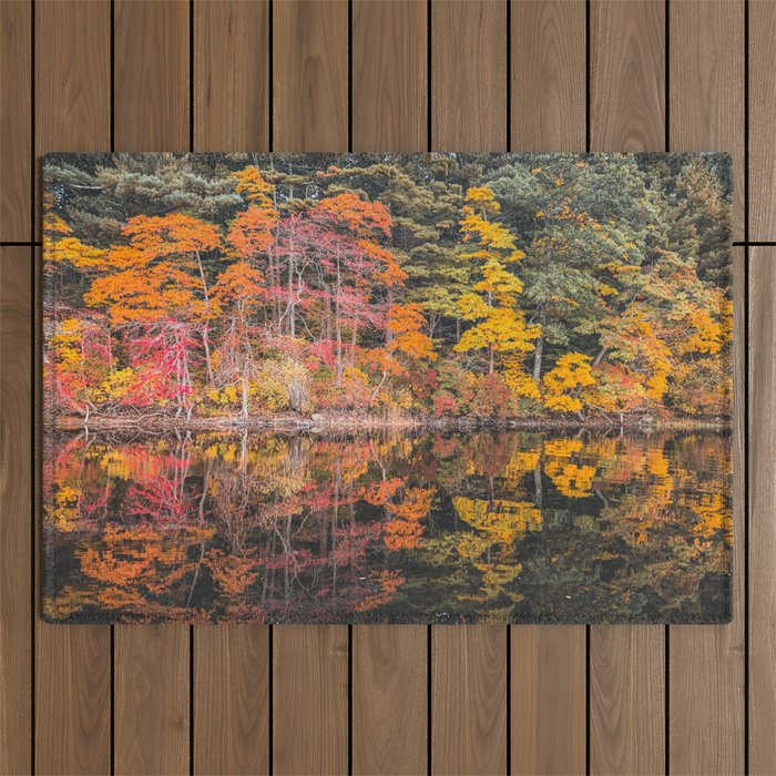 Autumn Reflections, Woodland Lake in Fall Forest Outdoor Rug Gallery Image 1