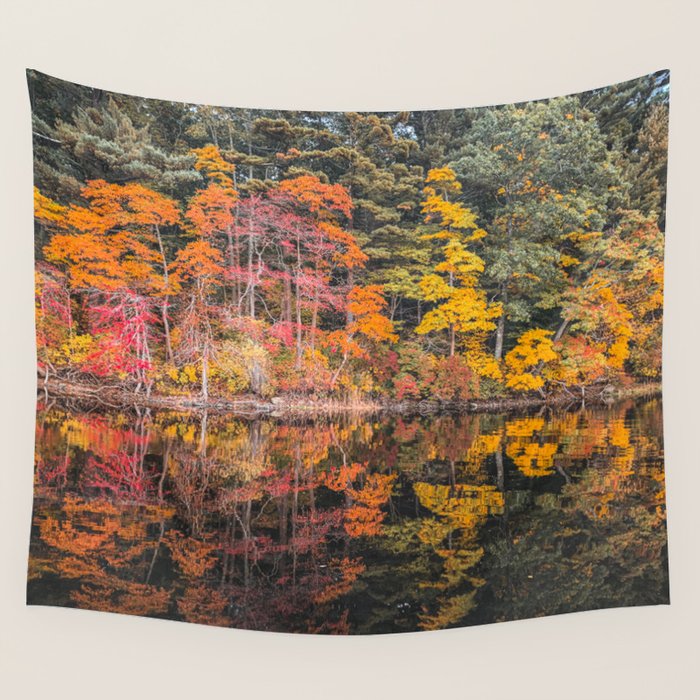 Autumn Reflections, Woodland Lake in Fall Forest Wall Tapestry Gallery Image 1