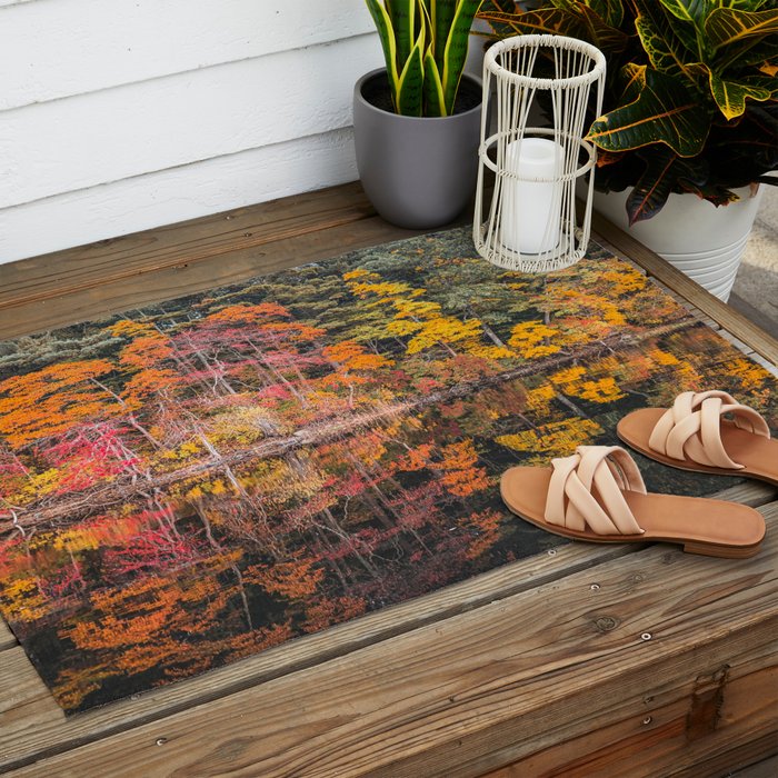 Autumn Reflections, Woodland Lake in Fall Forest Outdoor Rug Gallery Image 2