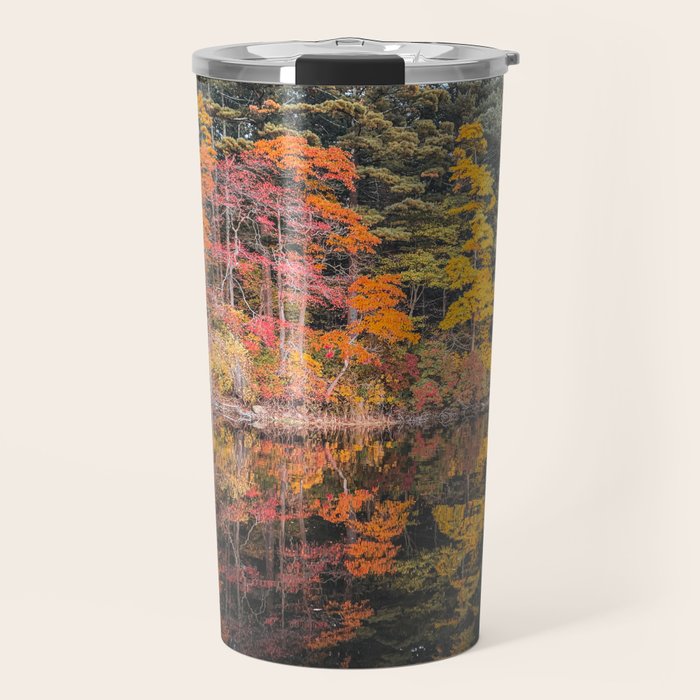 Autumn Reflections, Woodland Lake in Fall Forest Travel Mug Gallery Image 1