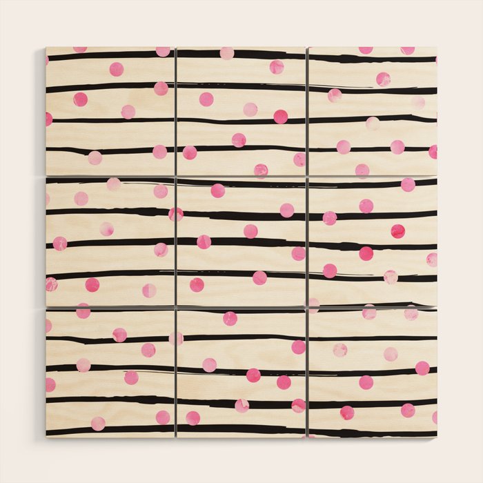 Blush pink black watercolor modern stripes polka dots Wood Wall Art Gallery Image 1